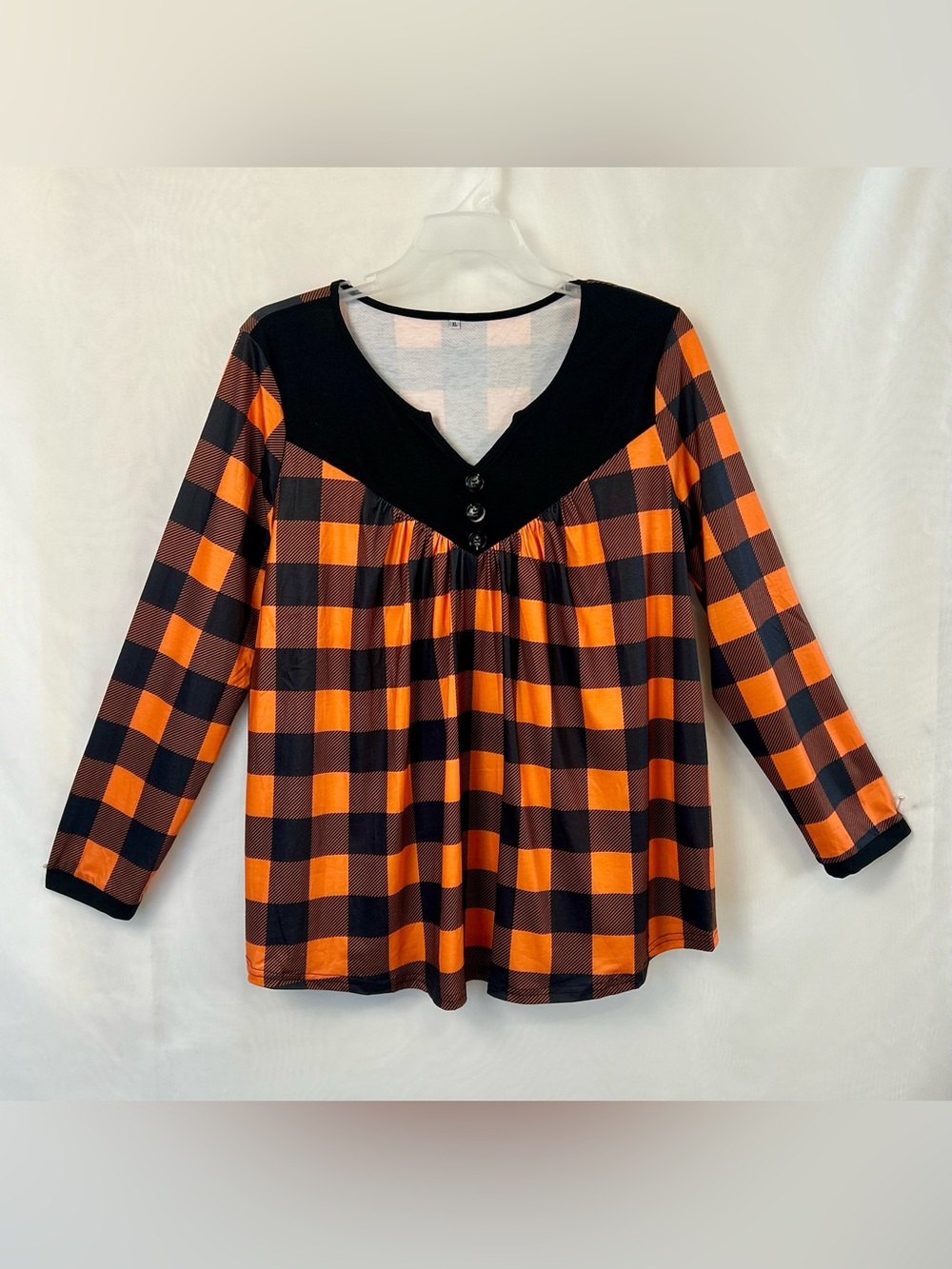 Long Sleeve Black and Orange Plaid Lightweight Womens Tunic Top / XL